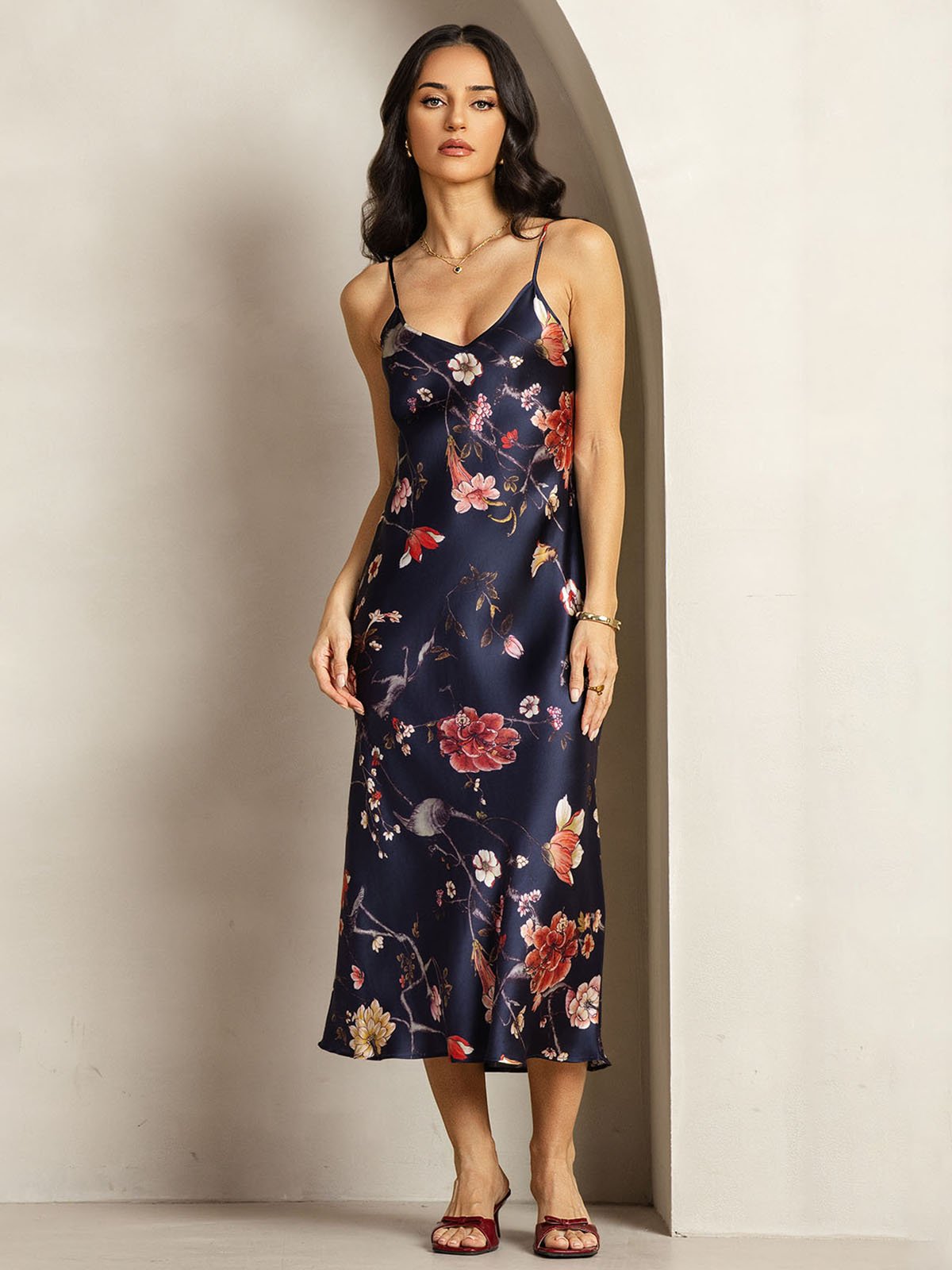 [Navy Floral] SilkSilky-CA 19Momme Silk V Neck Dress 001