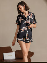 [Black] SilkSilky-CA Short Sleeve Lapel Collar Women's Pajamas 001