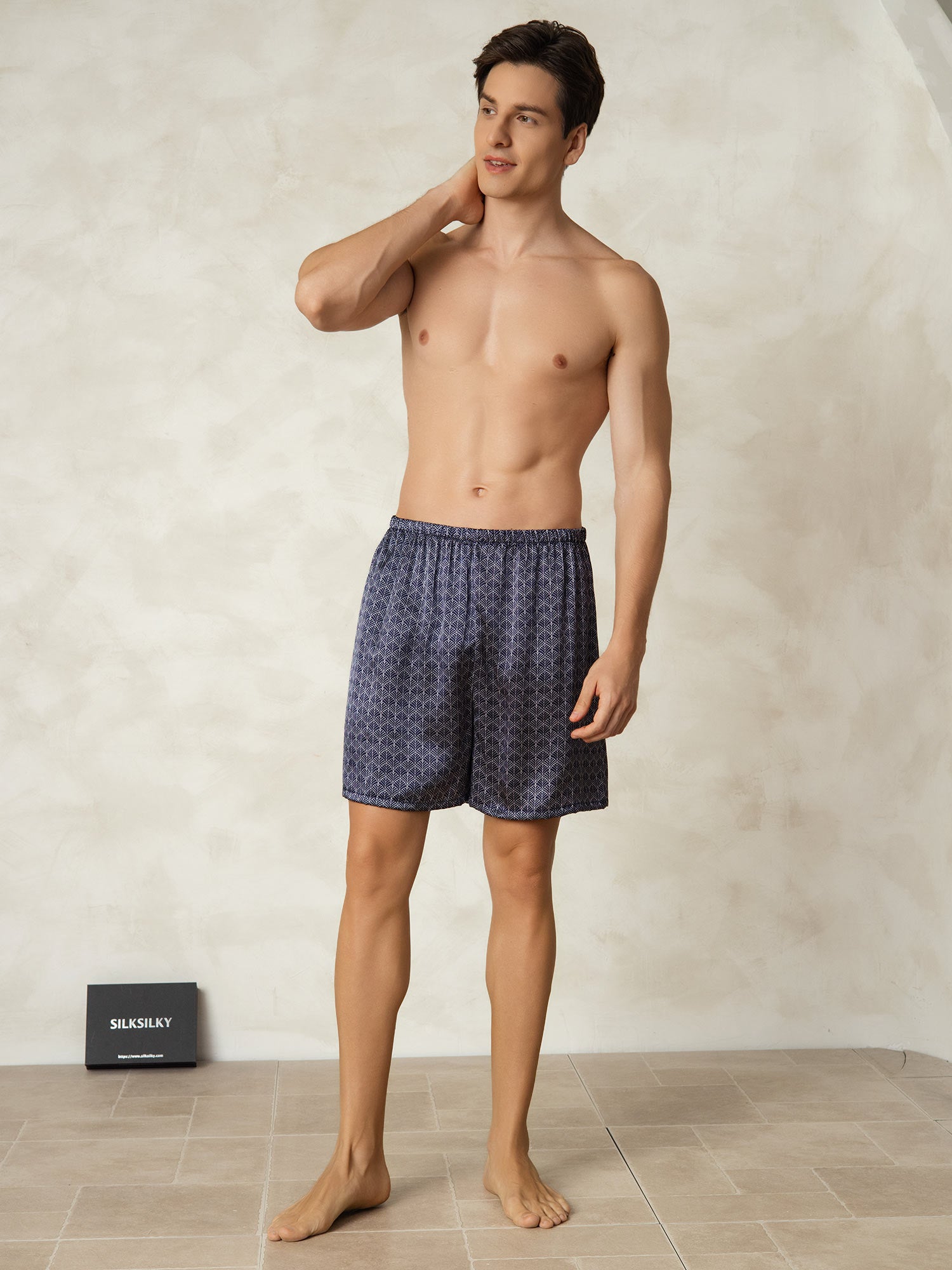 [Navy Ginkgo] SilkSilky-CA 19Momme Pure Silk Mens Sleep Bottoms 006