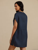 [Dark Blue] SilkSilky-CA 18Momme Silk Satin Surah Cap Sleeve Henley Neck Dress 002