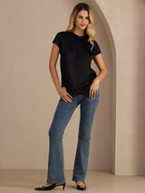 [Black] SilkSilky-CA Short Sleeve Split Women's Blouse 006