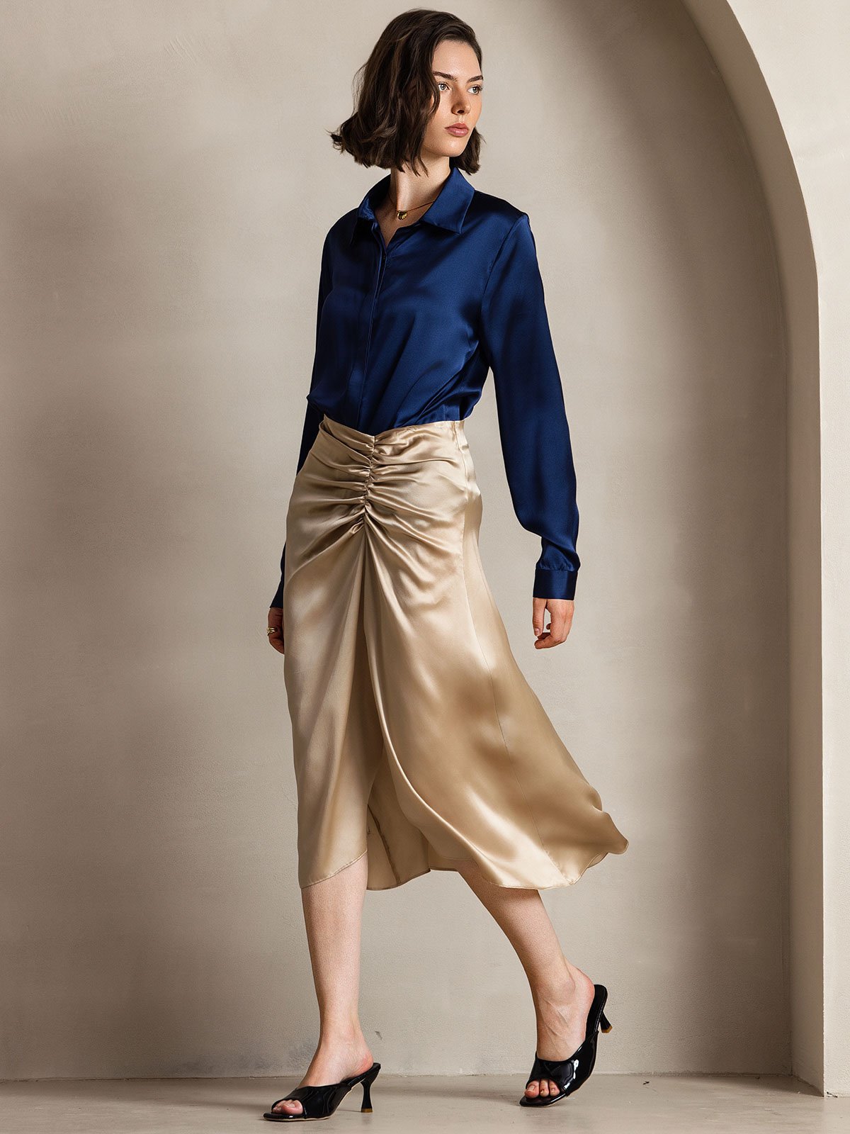 [Dark Blue] SilkSilky-CA 19Momme Silk Long Sleeve Lapel Collar Women's Shirt 006