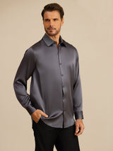 [Dark Gray] SilkSilky-CA 19Momme Stretch Silk Charmeuse Long Sleeve Lapel Collar Men's Shirt 005