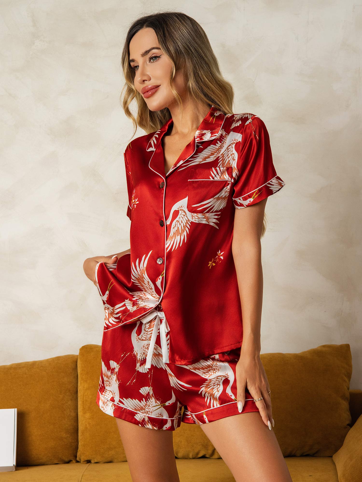 [Dark Red] SilkSilky-CA 19Momme Pure Silk Womens Pajamas 005