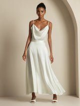 [White] SilkSilky-CA 19Momme Stretch Silk Charmeuse Spaghetti Strap Cowl Neck Women''s Outfit Sets 001