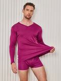 SilkSilky CA Silk Knitted Long Sleeve V Neck Men's T Shirt DarkRed 005