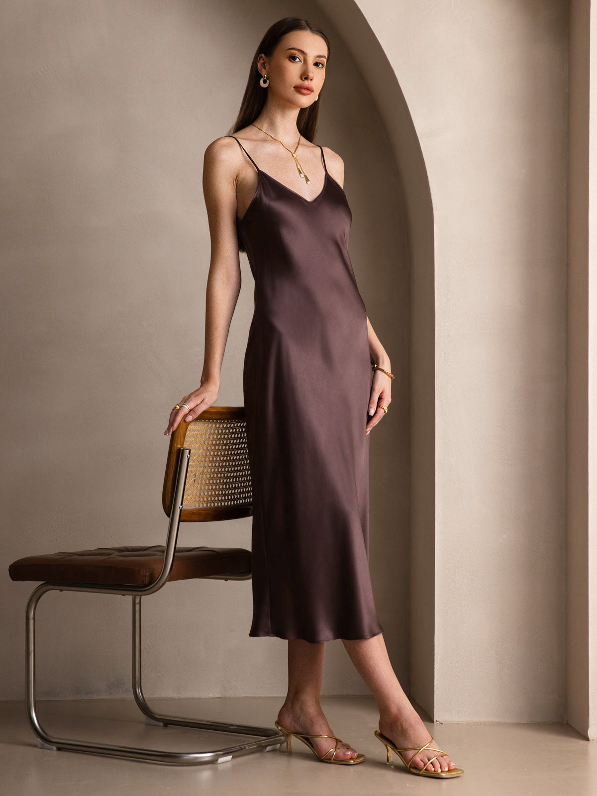 SilkSilky-CA Pure Silk Sleeveless Round Neck Dress Coffee 007