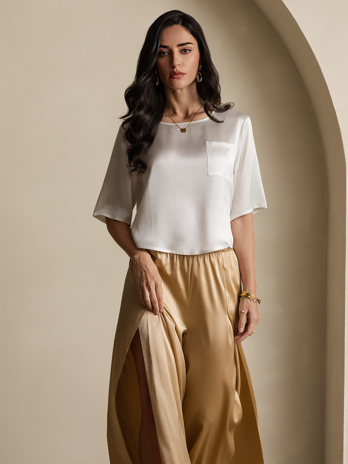 [White] SilkSilky-CA Pure Silk Boat Neck Women's T-Shirt 007