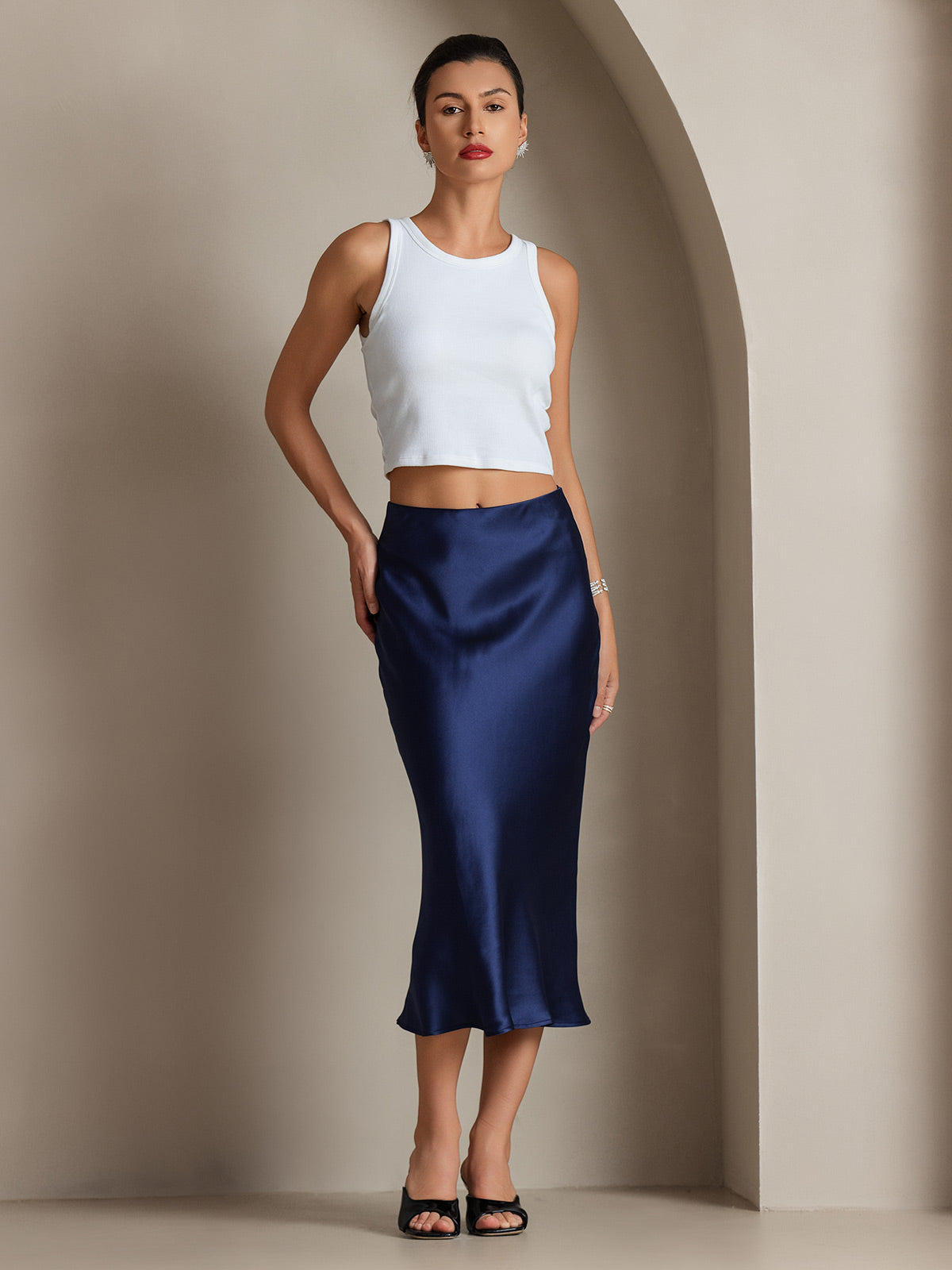 [Dark Blue] SilkSilky-CA 19Momme Pure Silk Skirt 004,