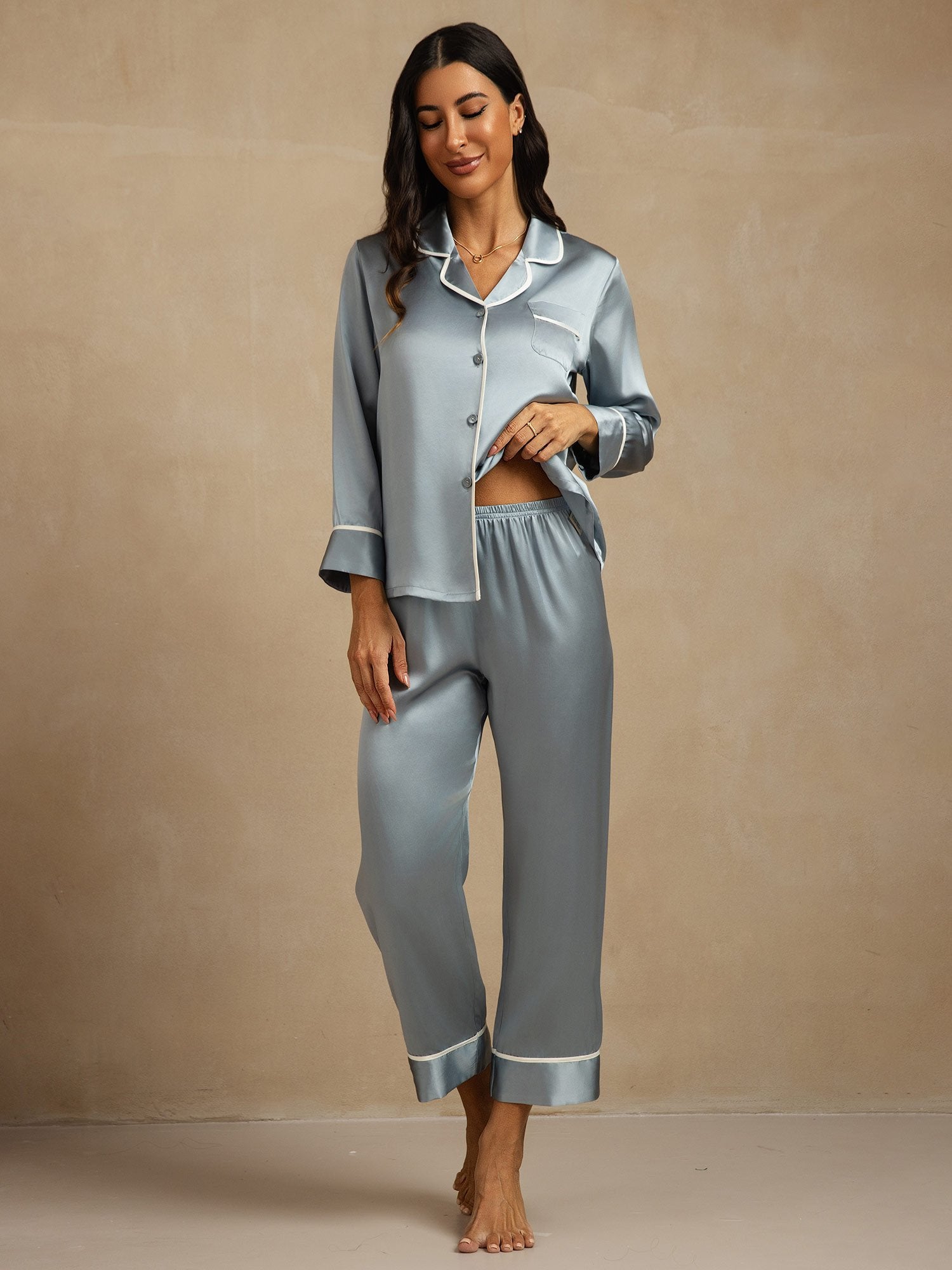 [GrayishBlue] SilkSilky-CA Pure Silk Lapel Collar Women's Pajamas 001