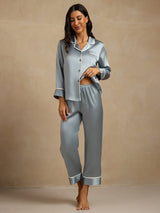 [Grayish Blue] SilkSilky-CA Long Sleeve Notch Collar Women's Pajamas 001