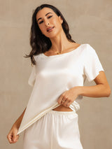 [White] SilkSilky-CA 19Momme Machine-Washable Silk Short Sleeve Women's Pajamas 008