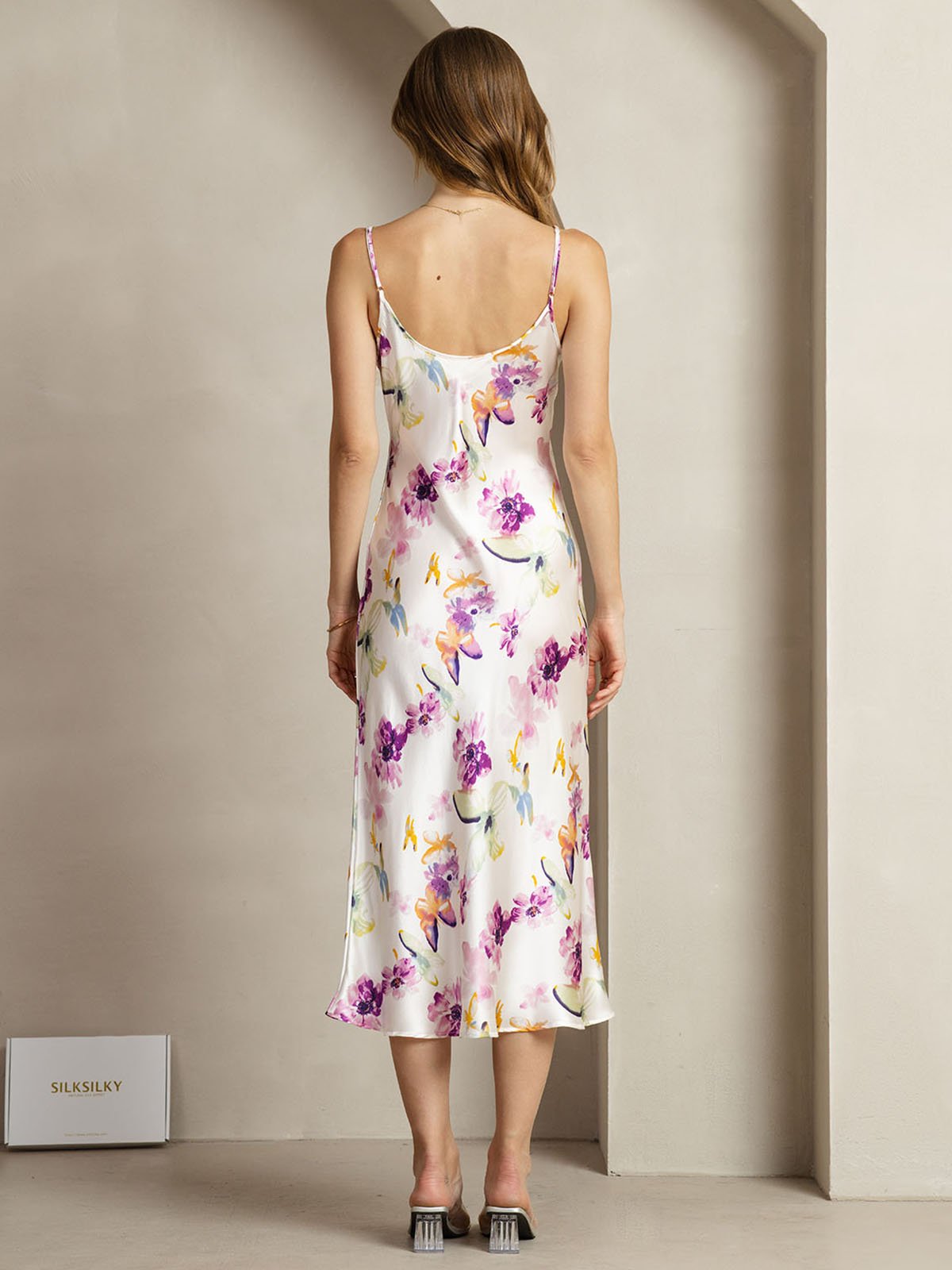 [Watercolor Floral] SilkSilky-CA 19Momme Silk V Neck Dress 002