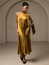 [Brown] SilkSilky-CA Sleeveless Halter Dress 001
