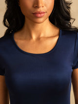 [Dark Blue] SilkSilky-CA Silk Knitted Round Neck Nightgown 004,