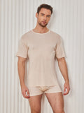 SilkSilky-CA Silk Knitted Short Sleeve Round Neck Men's T-Shirt Beige 004