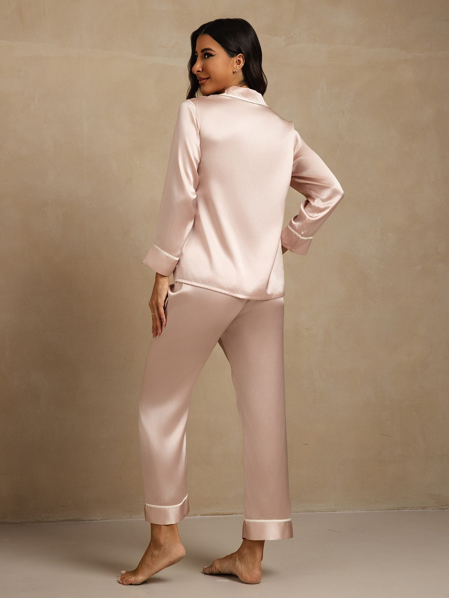 [Pink] SilkSilky-CA Pure Silk Lapel Collar Women's Pajamas 002