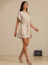 [Tan] SilkSilky-CA 18Momme Silk Satin Surah Cap Sleeve Henley Neck Dress 006