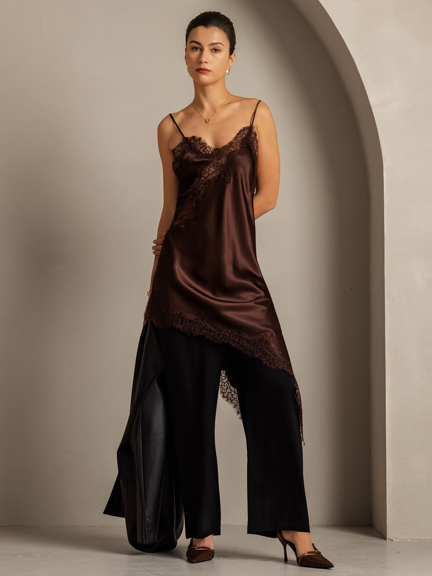 [Brown] SilkSilky-CA Pure Silk Asymmetric Dress 009