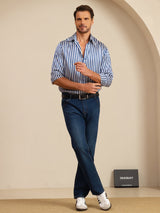 [Navy Stripe] SilkSilky-CA 19Momme Stretch Silk Charmeuse Long Sleeve Lapel Collar Men's Shirt 008