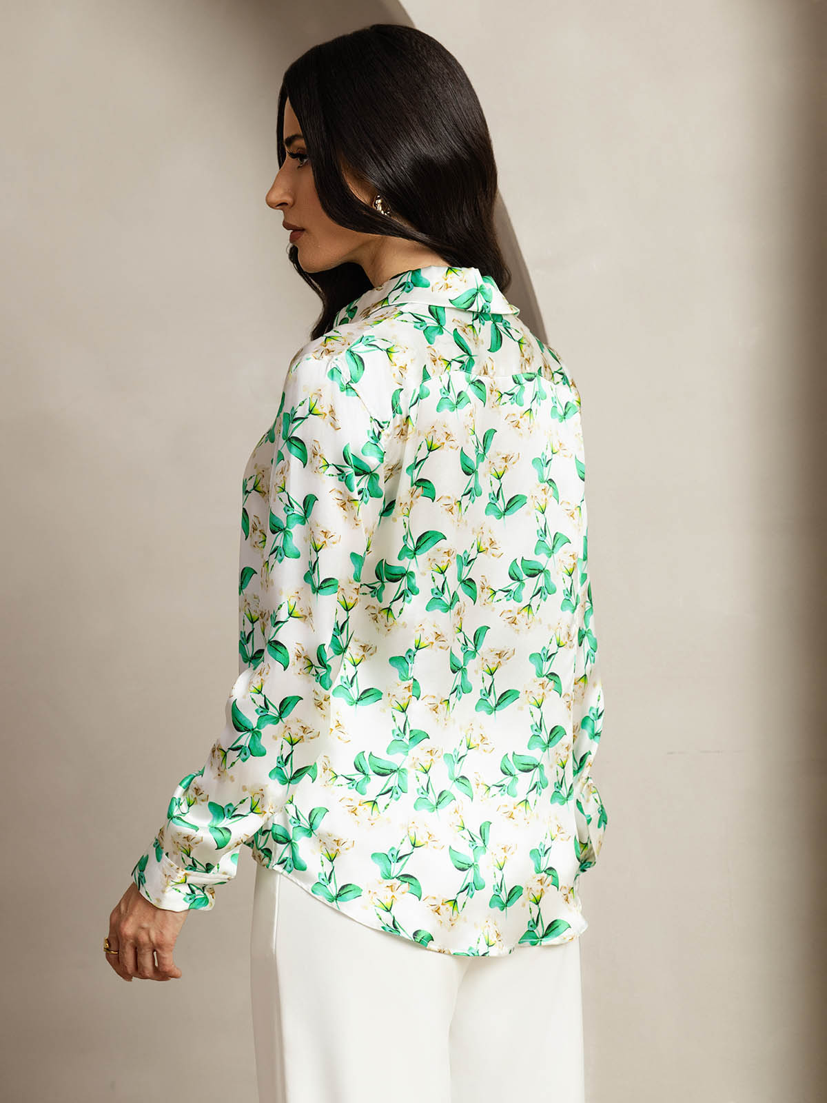 [Green Floral] SilkSilky-CA Silk Lapel Collar Women's Shirt 002