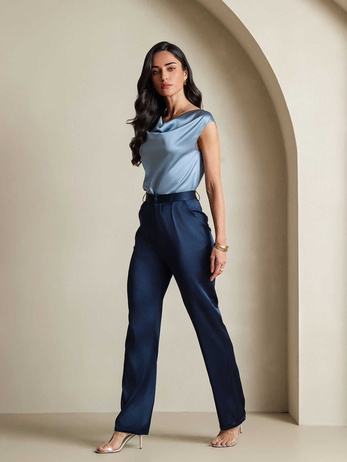 [Grayish Blue] SilkSilky-CA 19Momme Silk Cap Sleeve Cowl Neck Women's T-Shirt 008