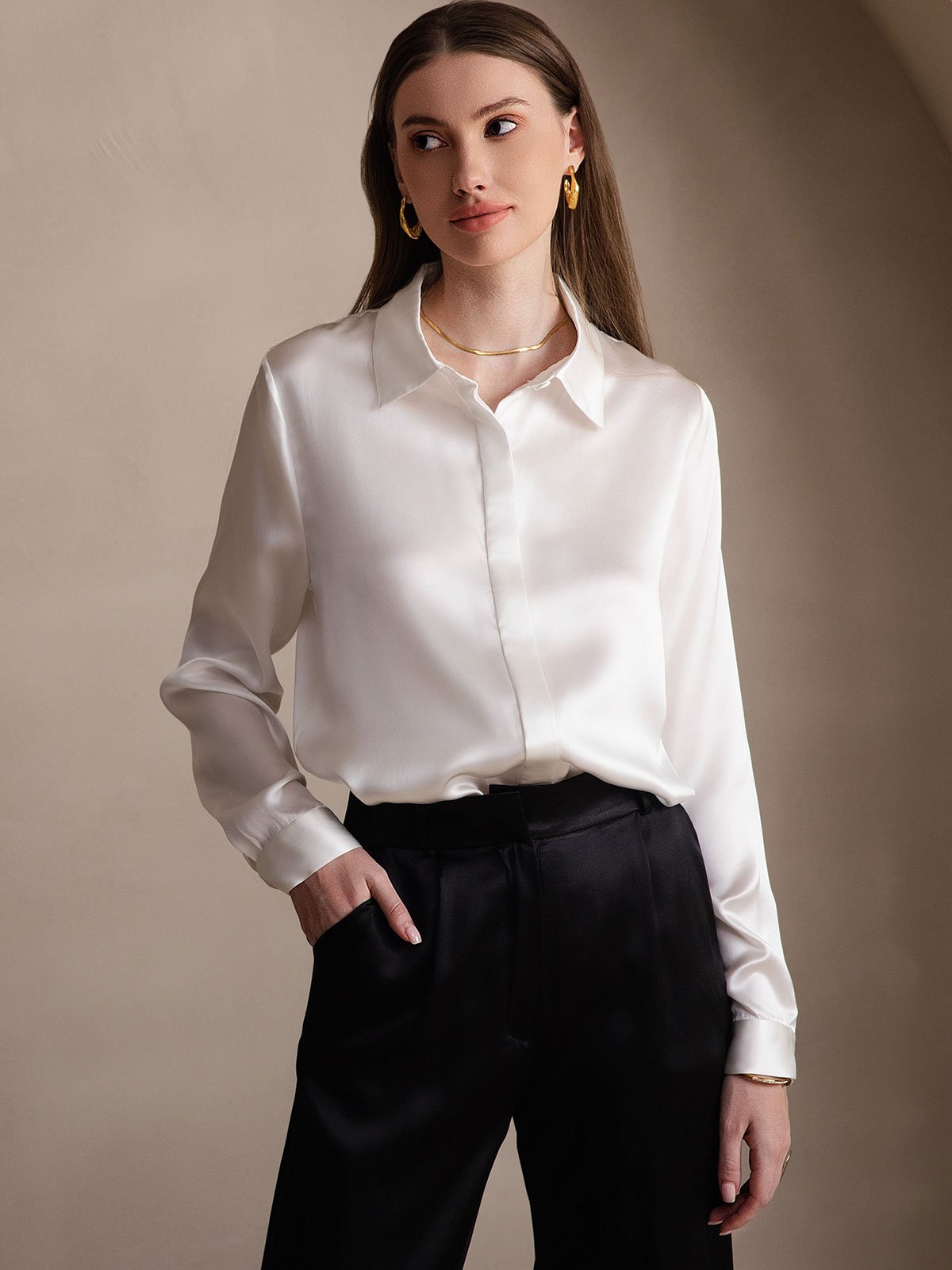 [White] SilkSilky-CA 19Momme Silk Long Sleeve Lapel Collar Women's Shirt 005