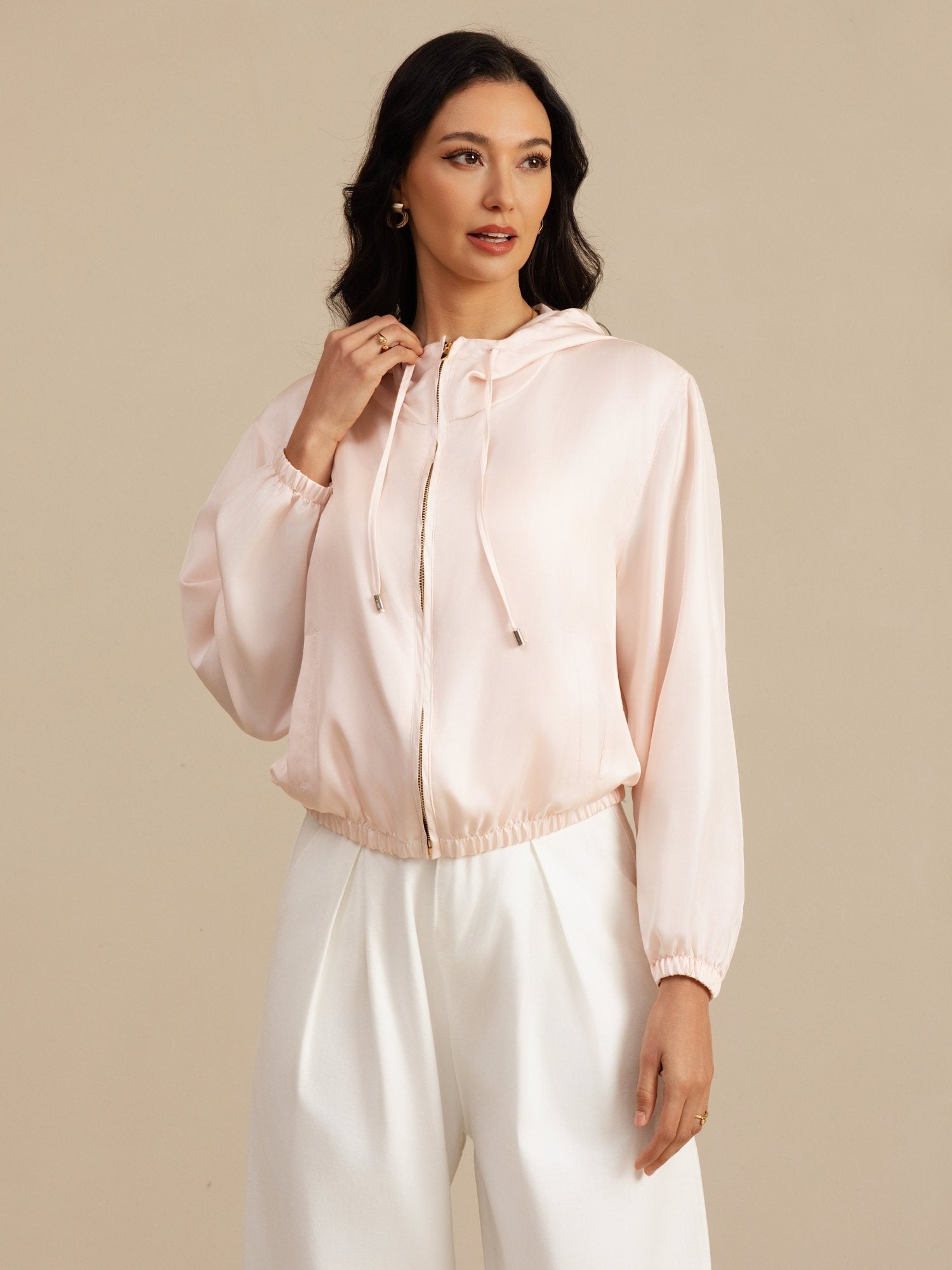 [Pink] SilkSilky-CA 18Momme Silk Satin Surah Long Sleeve Stand Collar Women's Outerwear 004