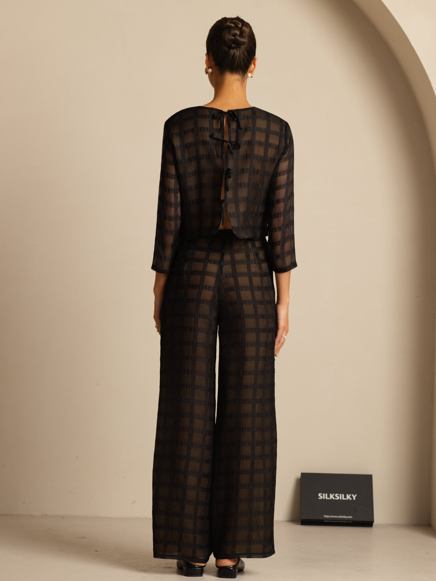 [Black] SilkSilky-CA Pure Silk Long Sleeve Round Neck Women''s Outfit Sets 002