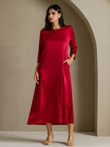[Wine] SilkSilky-CA 3/4 Sleeve Round Neck Dress 001