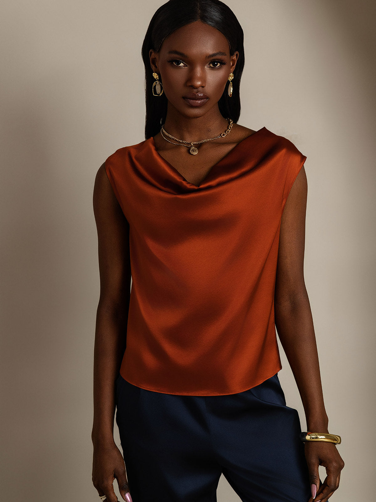 [Caramel] SilkSilky-CA 19Momme Silk Cap Sleeve Cowl Neck Women's T-Shirt 003