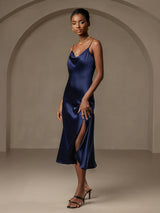 [Dark Blue] SilkSilky-CA Spaghetti Strap Cowl Neck Dress 003
