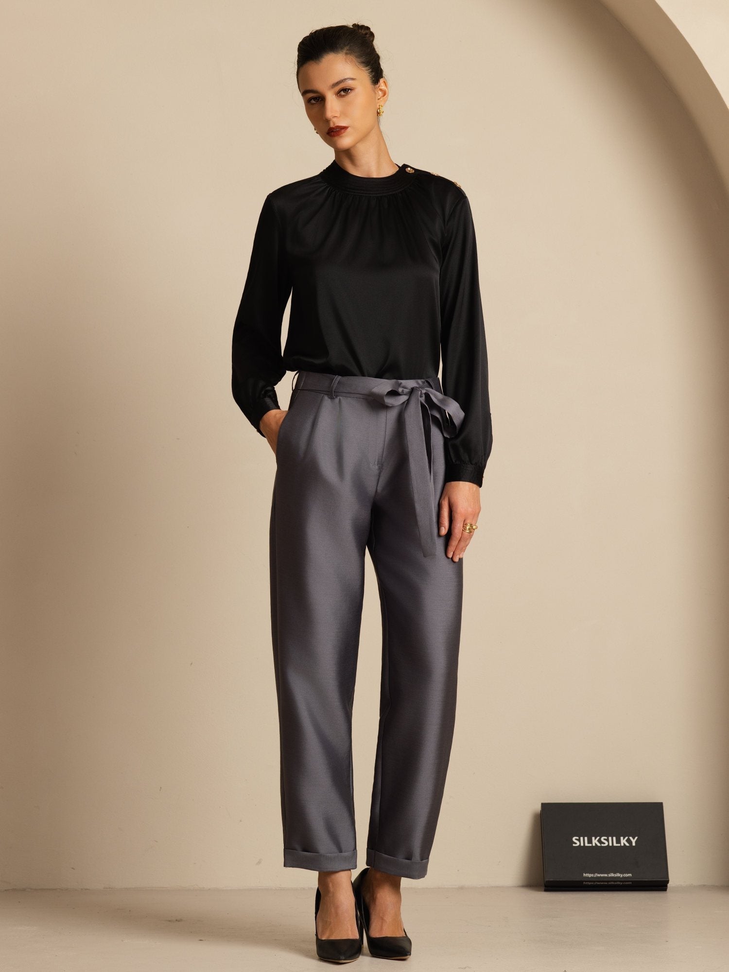 [Black] SilkSilky-CA 19Momme Stretch Silk Charmeuse Long Sleeve Round Neck Blouse 006