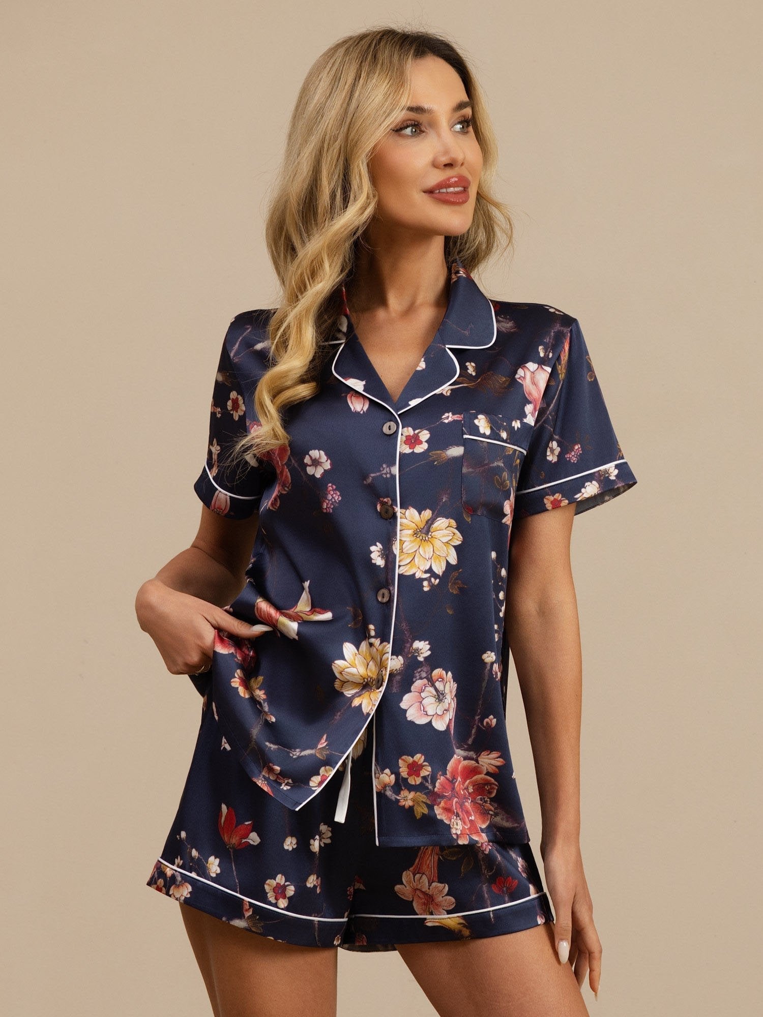[Navy Floral] SilkSilky-CA Short Sleeve Notch Collar Women's Pajamas 006