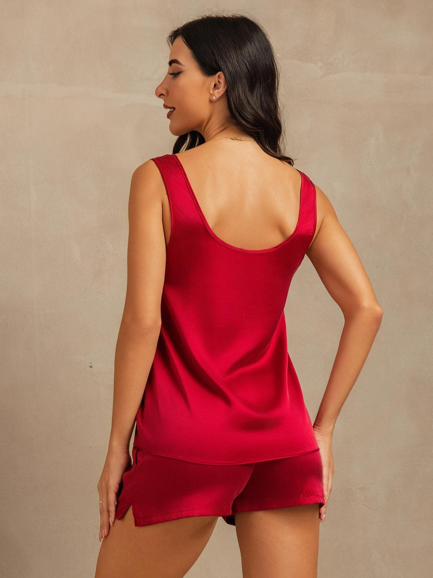 [Wine] SilkSilky-CA 19Momme Washable Silk U Neck Women's Pajamas 002