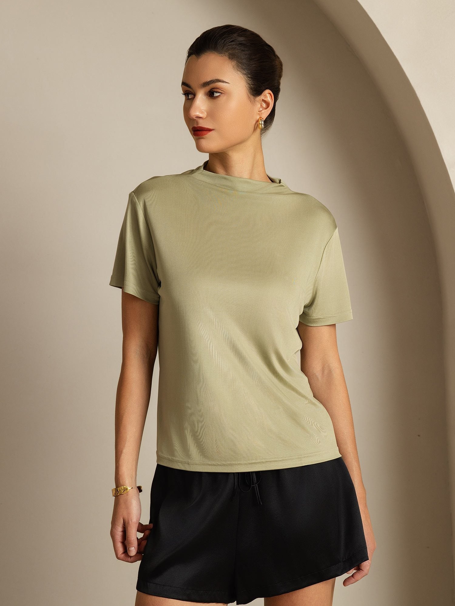 [Dried Herb] SilkSilky-CA Pure Silk Collar Women's T-Shirt 001