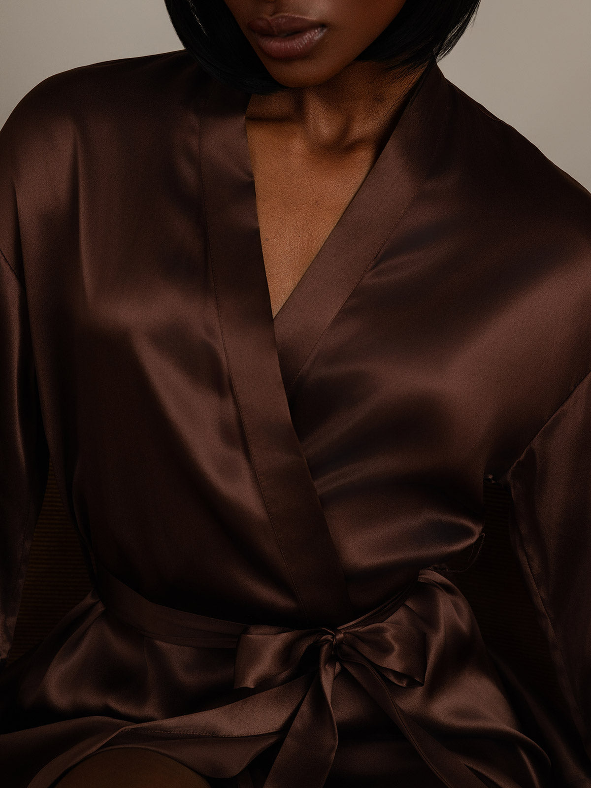 [Coffee] SilkSilky-CA Pure Silk Half Sleeve Womens Robe 008