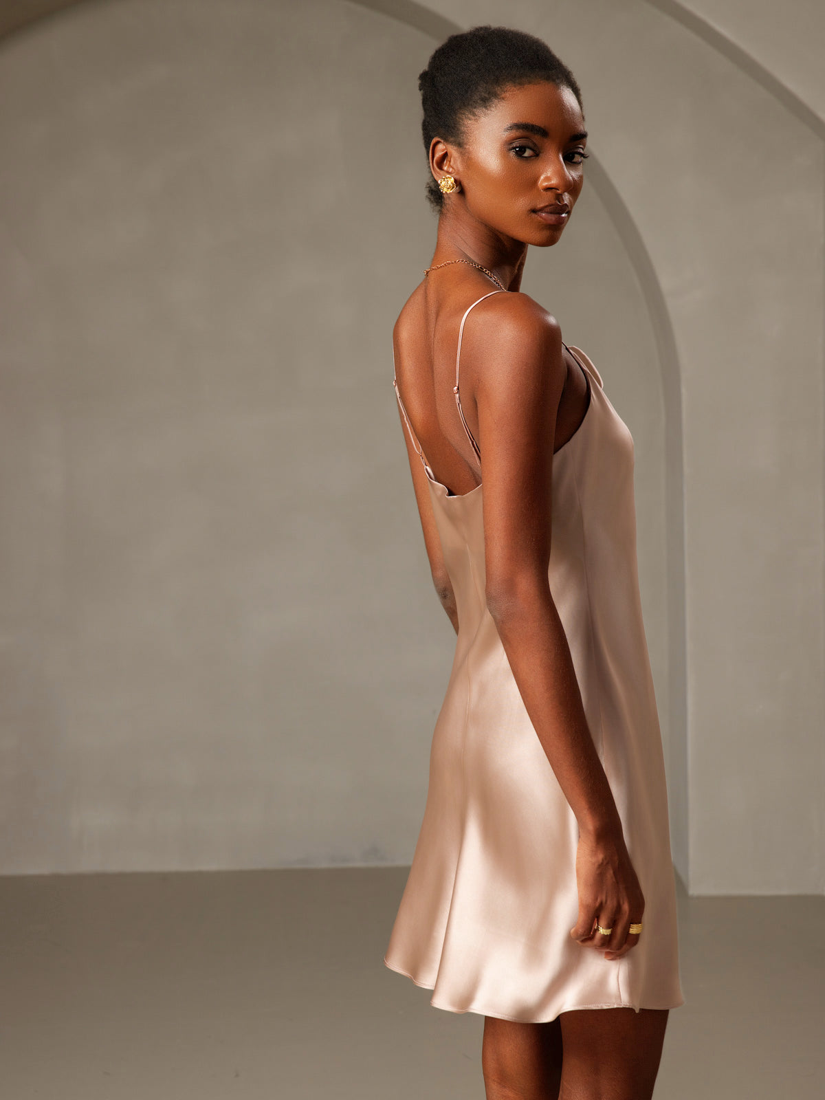 [Pale Mauve] SilkSilky-CA Pure Silk Cowl Neck Dress 002