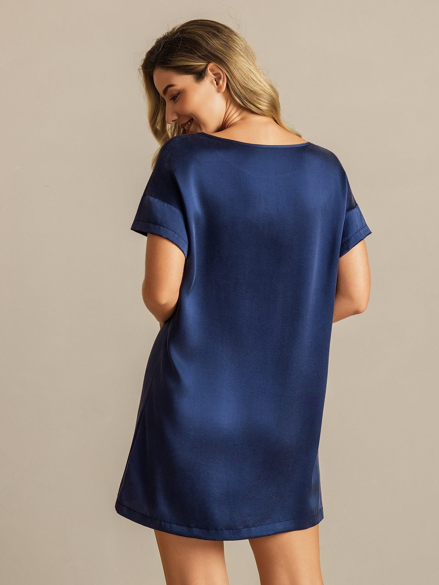 [Dark Blue] SilkSilky-CA 19Momme Machine-Washable Silk Short Sleeve Round Neck Nightgown 002
