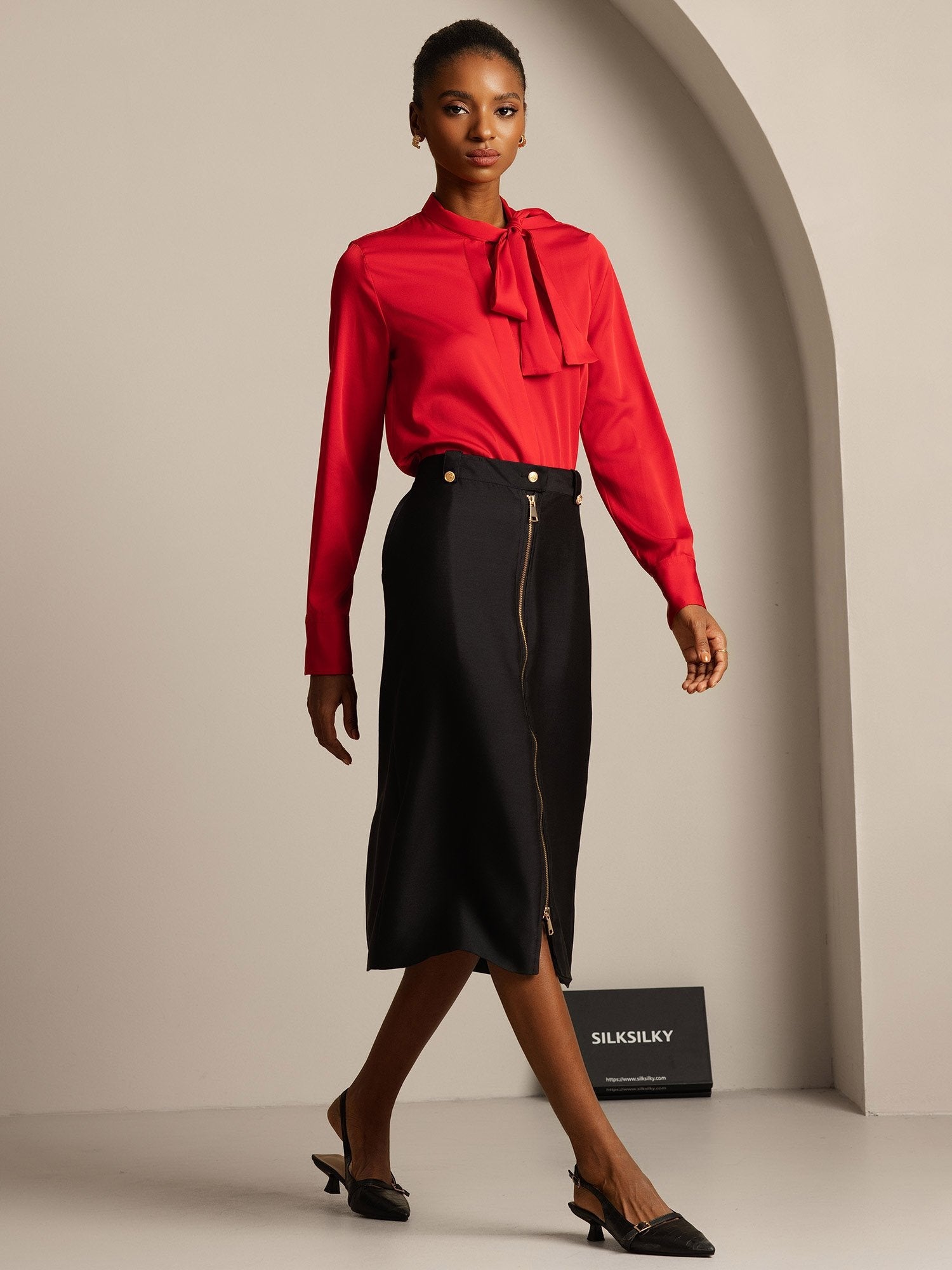 [Black] SilkSilky-CA 32Momme Silk-Wool Blend Split Skirt 003,