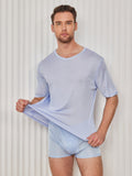 SilkSilky-CA Silk Knitted Short Sleeve V Neck Men's T-Shirt LightBlue 001