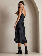 [Black] SilkSilky-CA Spaghetti Strap V Neck Dress 002