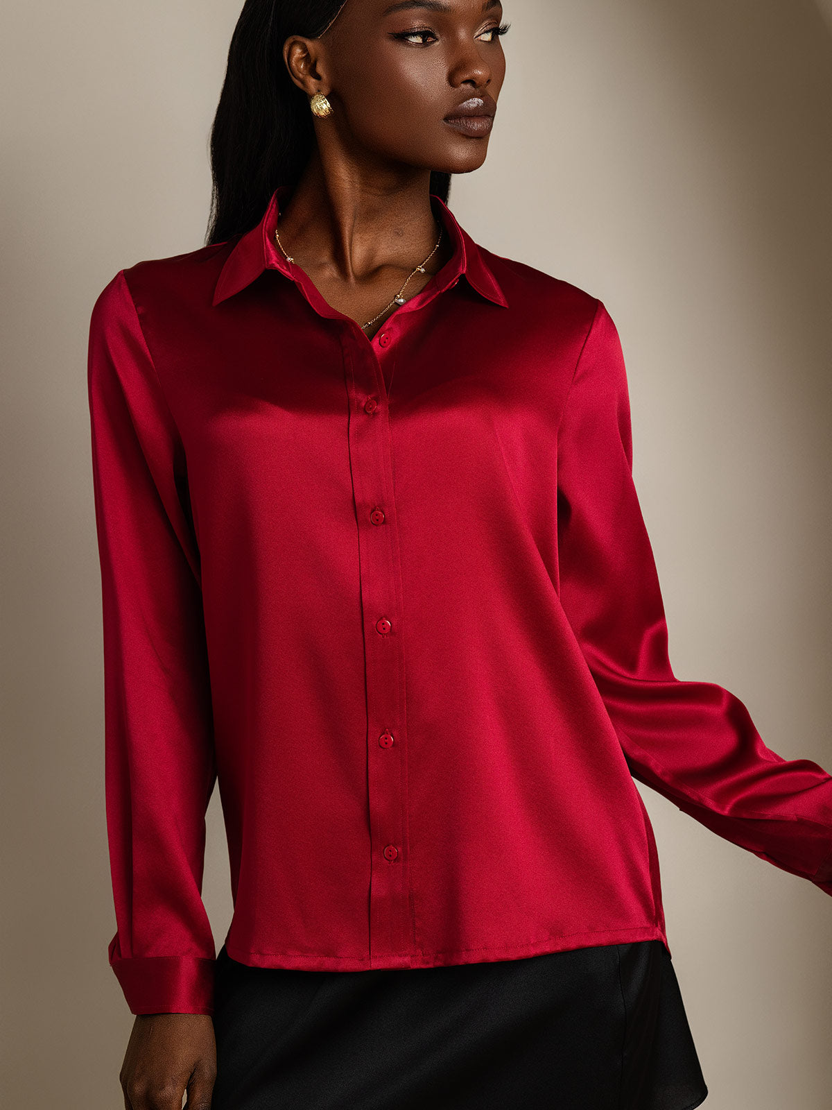 SilkSilky-CA 19Momme Silk Long Sleeve Collar Women's Shirt Wine 004