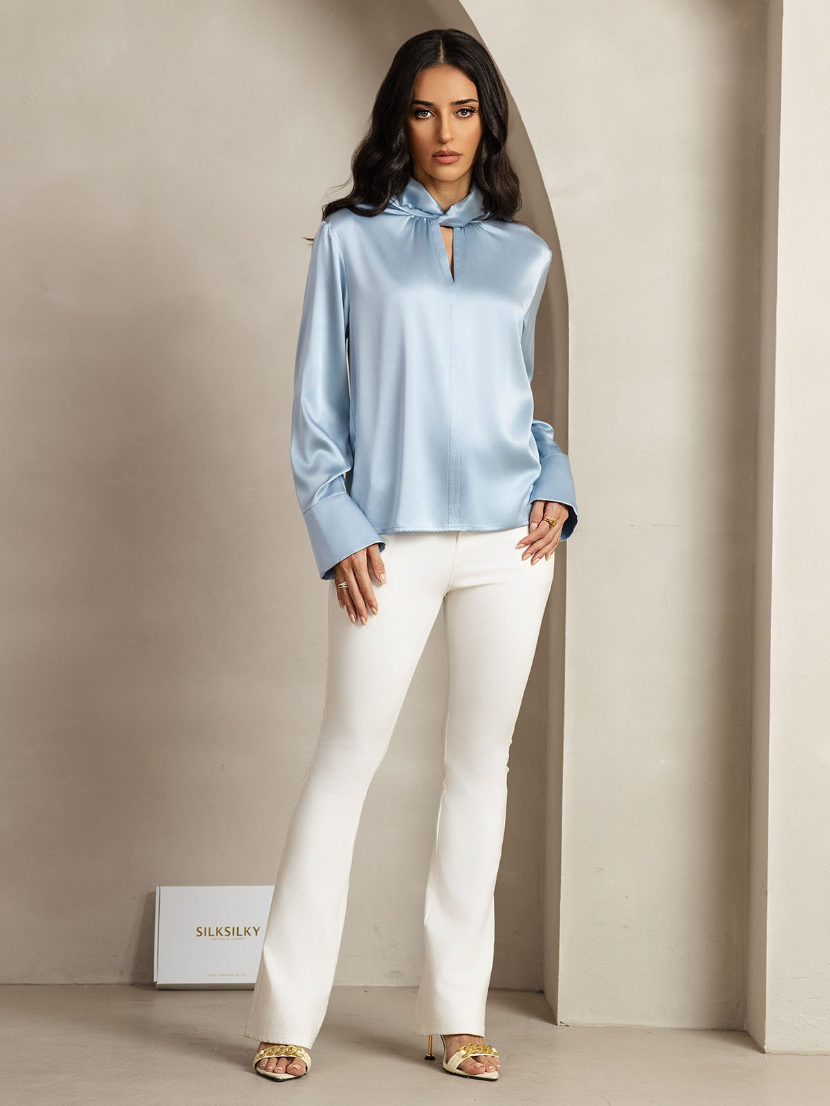 [GrayishBlue] SilkSilky-CA 19Momme Silk Keyhole Neck Women's Shirt 011
