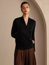 [Black] SilkSilky-CA Long Sleeve Wrap Women's Blouse 003