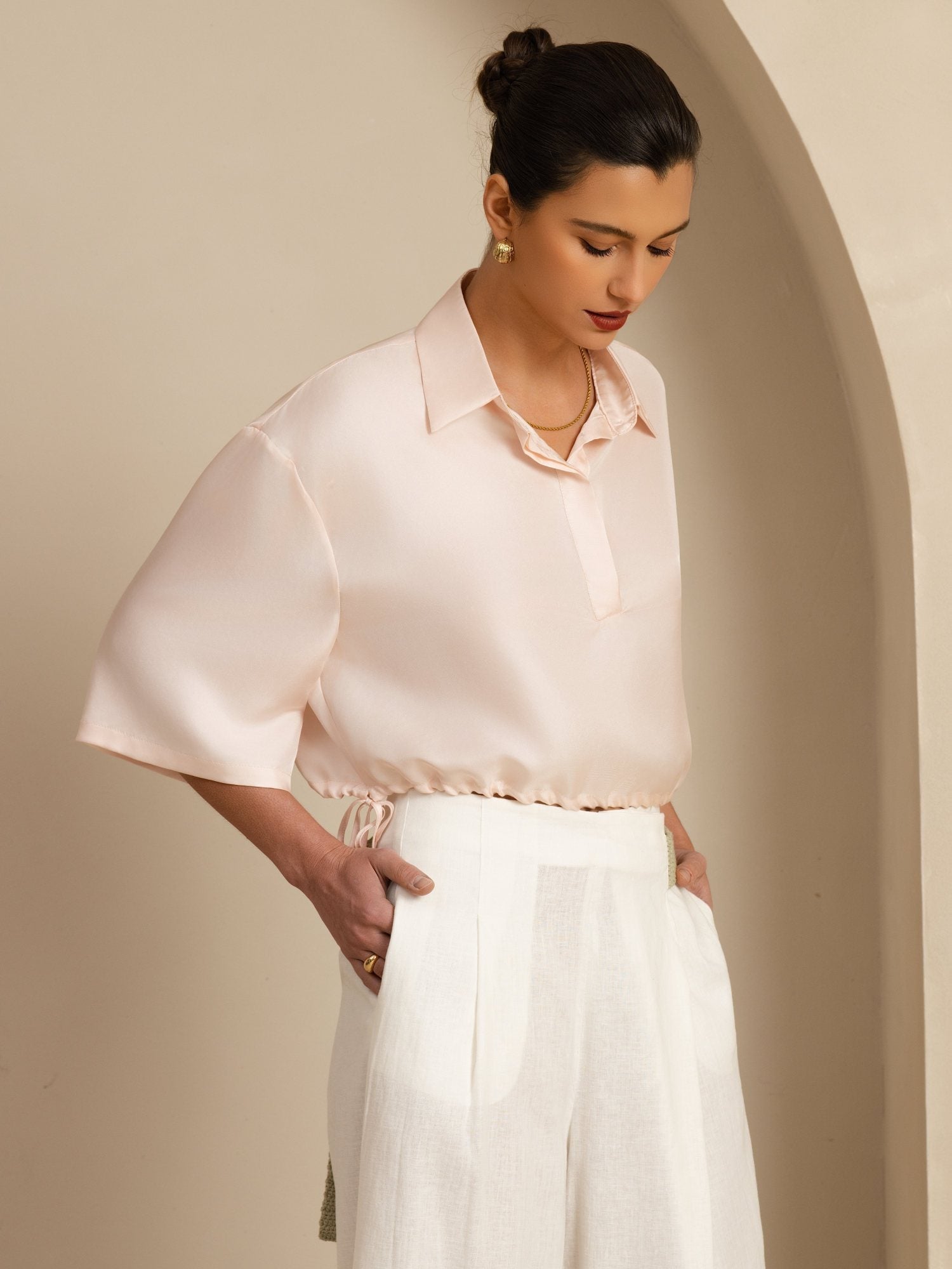 [Pink] SilkSilky-CA 18Momme Silk Satin Surah Half Sleeve Lapel Collar Blouse 005