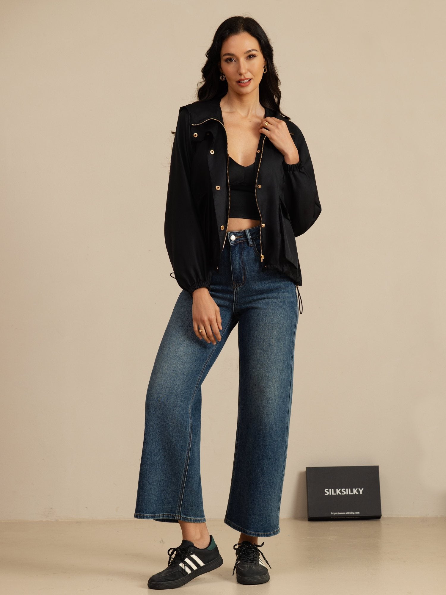 [Black] SilkSilky-CA Silk Satin Surah Long Sleeve High Neck Women's Outerwear 007