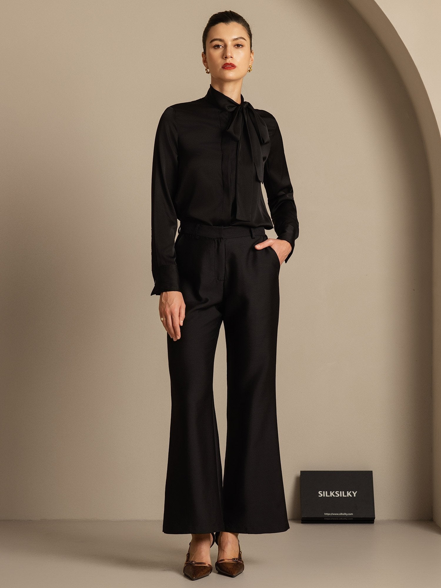 [Black] SilkSilky-CA 32Momme Silk-Wool Blend Womens Pants 007,