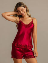 [Wine] SilkSilky-CA Spaghetti Strap V Neck Camisole Set 001