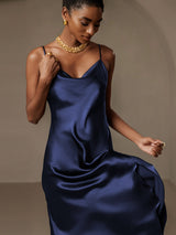 [Dark Blue] SilkSilky-CA Spaghetti Strap Cowl Neck Dress 006